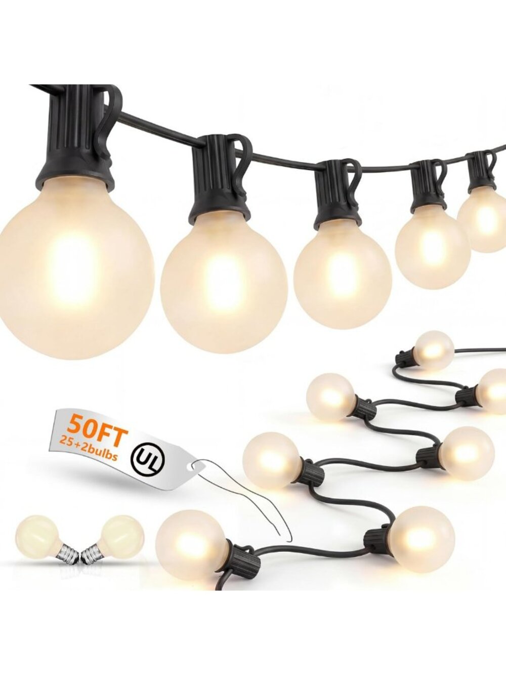 50Ft Waterproof LED Patio String Lights - 52 Shatterproof Globe Bulbs for Party